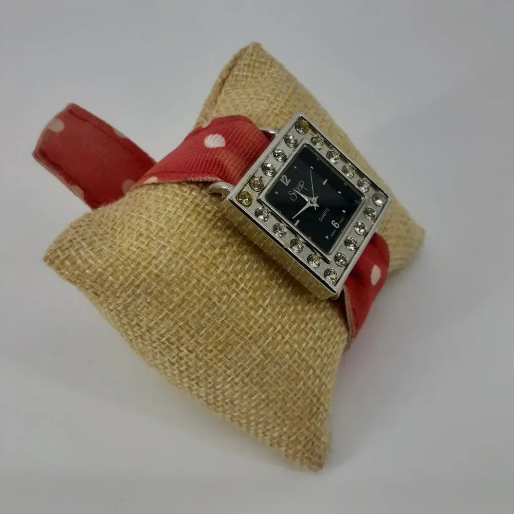 Swap Women Ribbon Wristwatch Red White Polka dot Rhinestone